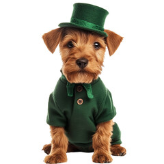 cute Irish terrier puppy in green st patrick's day outfit, isolated on transparent background. St patrick’s day design element for poster, advertisement poster.