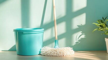A turquoise bucket with a wooden handle and a white bamboo floor mop on the table against a light blue wall background