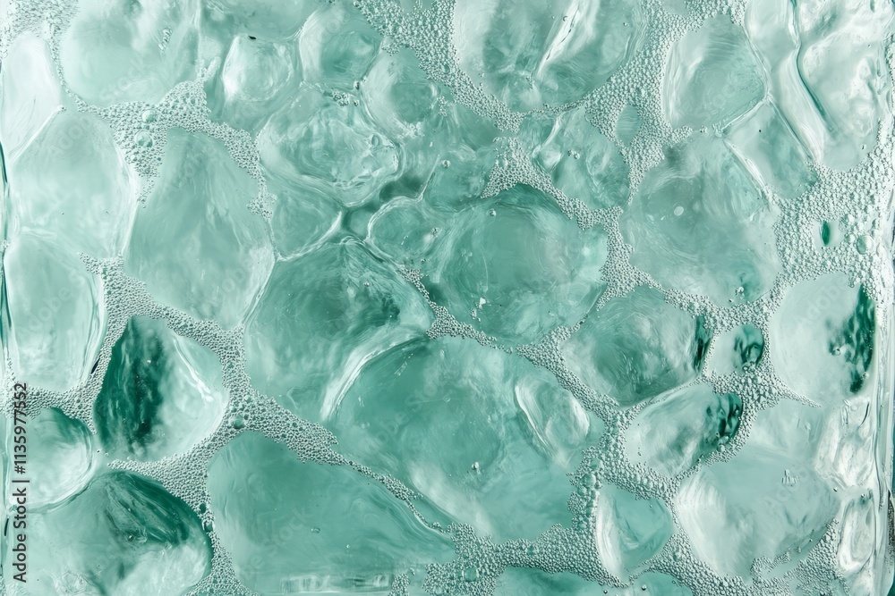 Poster texture of bubble-filled glass showcasing small air pockets in turquoise hue with a smooth finish