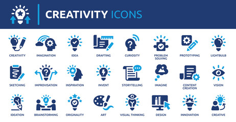 Creativity icon set. Containing inspiration, imagination, design, idea, creative, improvisation, sketching, brainstorming and more. Solid vector icons collection.