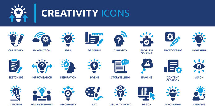 Creativity icon set. Containing inspiration, imagination, design, idea, creative, improvisation, sketching, brainstorming and more. Solid vector icons collection.