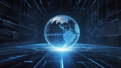 A conceptual representation of the potential of the internet, featuring a glowing globe made up of interconnected digital lines, symbols, and icons representing various aspects of the online world. Th