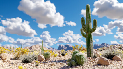vibrant desert ecosystem featuring cacti and resilient plants under bright blue sky with fluffy clouds. landscape showcases beauty of arid environments