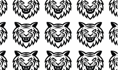 Set of tiger heads with open mouth and bared fangs, with different angry expressions of the muzzle. Symbols for tattoo, emblem or logo, isolated on a white background.