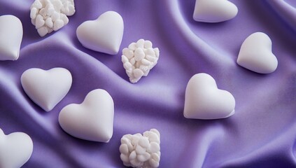 Obraz premium Romantic Purple Fabric with White Hearts and Candy