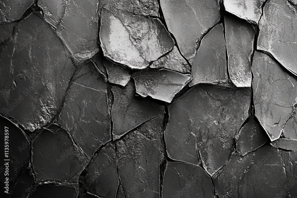 Aufkleber Cracked glass texture showcasing sharp fractures under soft light in a monochrome setting