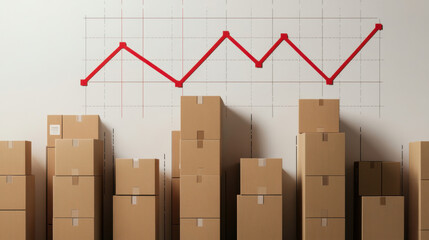 Brown boxes and a red line graph above, showing the progress of logistics