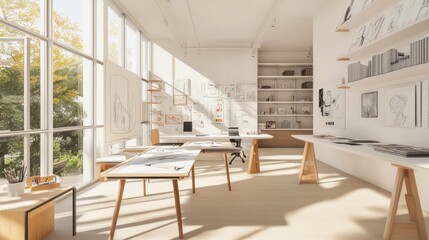Fototapeta premium Sunlit minimalist studio workspace with large windows, desks, and design drawings.