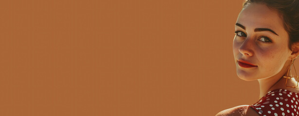 Stunning portrait of a woman in polka dot dress with plenty of space for text or design on warm brown background