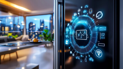 Smart fridge displaying connected device analytics in modern kitchen, showcasing high tech features and vibrant city view. ambiance is sleek and futuristic