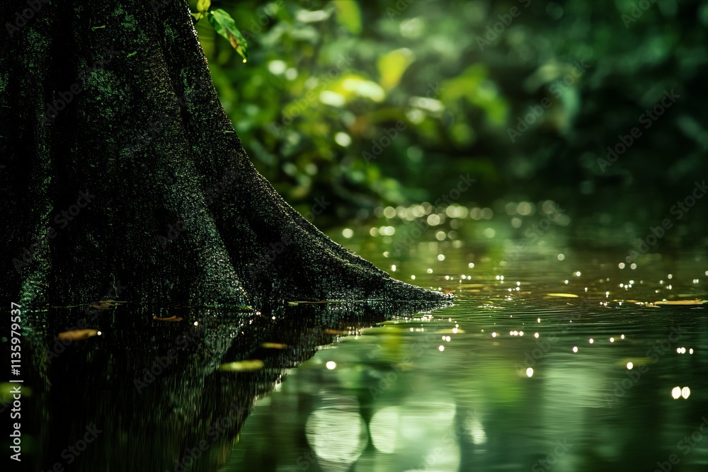 Poster damp rainforest wood texture with wet surface reflecting the lush green environment and serene water