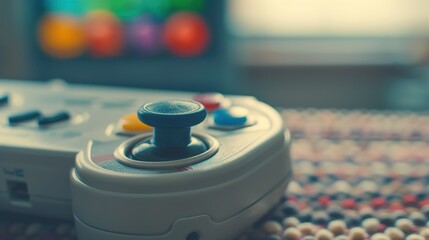 Close-up of joystick controller on gaming console with colorful game icons, symbolizing entertainment and leisure in modern living room setup.