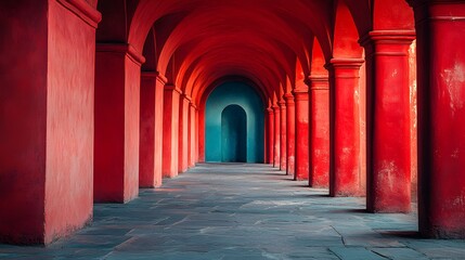 a long hallway with red columns and a blue arched doorway at the end