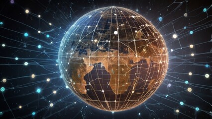 Fototapeta premium A conceptual representation of the potential of the internet, featuring a glowing globe made up of interconnected digital lines, symbols, and icons representing various aspects of the online world. Th