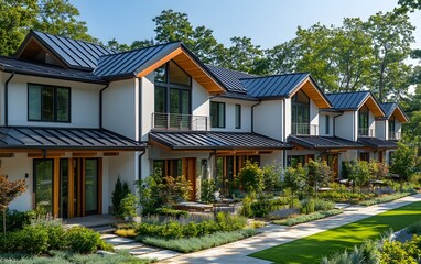 A row of modern townhouses with gray metal roofs and white walls, each house has an exterior balcony on the second floor,


