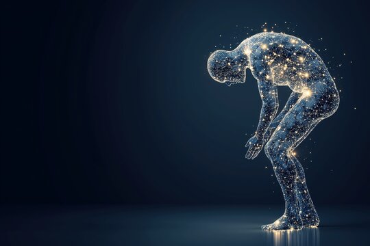 Person with fibromyalgia experiencing widespread pain and fatigue depicted as glowing points. Concept Chronic Pain, Fibromyalgia Awareness, Painful Symptoms, Invisible Illness,