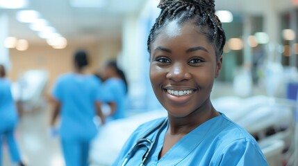 Fototapeta premium A smiling young woman in blue medical scrubs stands in a hospital hallway.