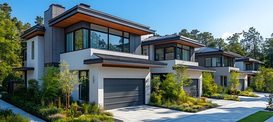 Fototapeta premium A row of modern townhouses with gray metal roofs and white walls, each house has an exterior balcony on the second floor,