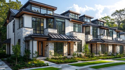 Fototapeta premium A row of modern townhouses with gray metal roofs and white walls, each house has an exterior balcony on the second floor,