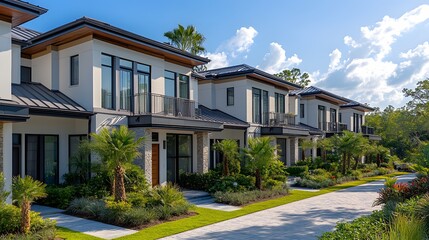A row of modern townhouses with gray metal roofs and white walls, each house has an exterior balcony on the second floor,


