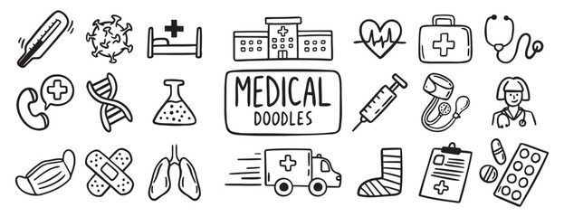 medical health care doodle hand drawn icon set. Outline drawing medical health care items line clipart symbol collection. Outline drawing line clipart symbol collection