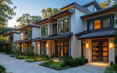 A row of modern townhouses with gray metal roofs and white walls, each house has an exterior balcony on the second floor,



