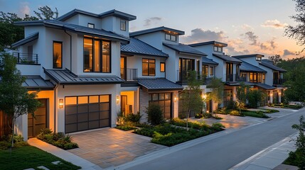 A row of modern townhouses with gray metal roofs and white walls, each house has an exterior balcony on the second floor,


