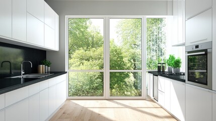 Fototapeta premium Modern white kitchen with large window overlooking lush green trees.