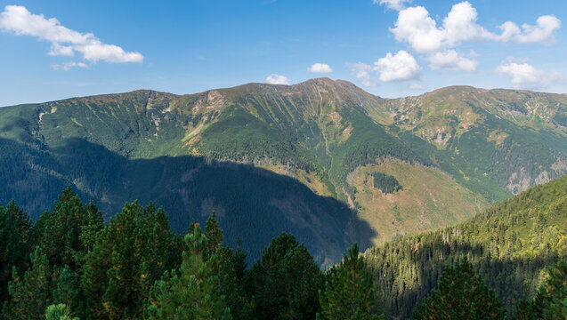 Baranec, Smrek and few other hills from Nizny Ostredok hill on Otrhance mountain ridge in Western Tatras mountains in Slovakia