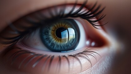 Naklejka premium A captivating close-up revealing the intricate details of a human eye with a mysterious reflection. The image is rich in detail and evokes a sense of wonder.