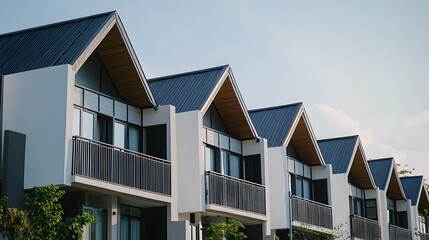 A row of modern townhouses with gray metal roofs and white walls, each house has an exterior balcony on the second floor,


