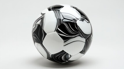 A glossy black-and-white soccer ball with a clean and elegant design, resting on a white backdrop