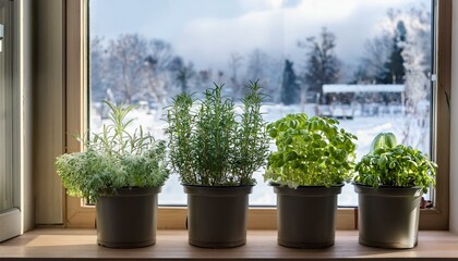 Fototapeta premium Winter Windowsill Herbs: Four Potted Plants in Serene Setting