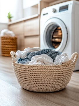 Panier &agrave; linge avec serviettes et v&ecirc;tements pr&egrave;s d'une machine &agrave; laver.