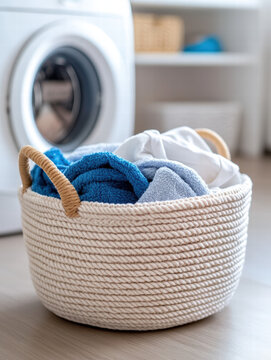 Panier &agrave; linge avec serviettes et v&ecirc;tements pr&egrave;s d'une machine &agrave; laver.