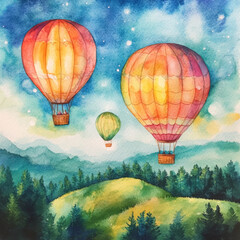 Fototapeta premium Whimsical hot air balloons soar above lush green hills and trees, creating serene scene