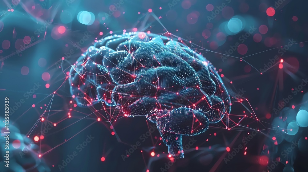 Poster a digital rendering of a brain with glowing red lines and points, suggesting the concept of neural n