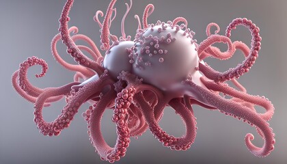 Microscopic biological structures view of virus like cells or bacteria with elongated branches resembling neurons or molecular connections. The spherical structures orange red blue purple colors