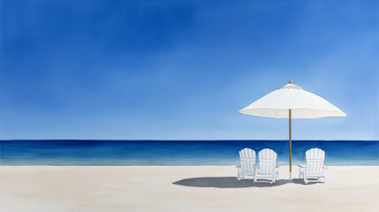 Obraz premium Serene beach scene with chairs and umbrella under blue sky