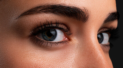 Obraz premium Intriguing Gaze: A close-up of captivating blue eyes, framed by defined eyebrows, conveying a sense of depth and mystery. The subtle lighting and soft focus create an intimate and alluring atmosphere.