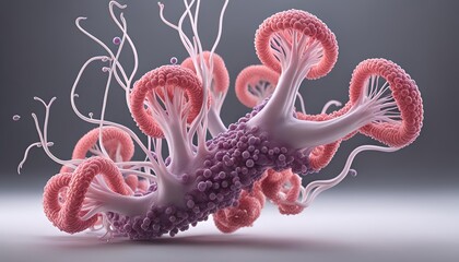 Microscopic biological structures view of virus like cells or bacteria with elongated branches resembling neurons or molecular connections. The spherical structures orange red blue purple colors