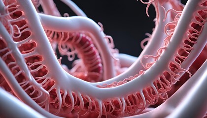 Microscopic biological structures view of virus like cells or bacteria with elongated branches resembling neurons or molecular connections. The spherical structures orange red blue purple colors