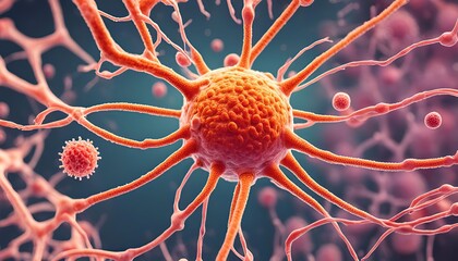 Microscopic biological structures view of virus like cells or bacteria with elongated branches resembling neurons or molecular connections. The spherical structures orange red blue purple colors