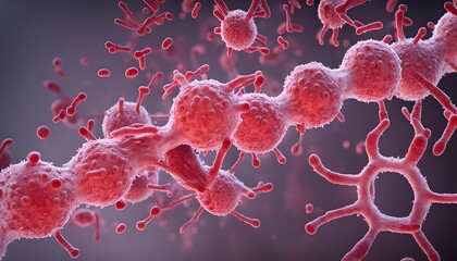 Microscopic biological structures view of virus like cells or bacteria with elongated branches resembling neurons or molecular connections. The spherical structures orange red blue purple colors