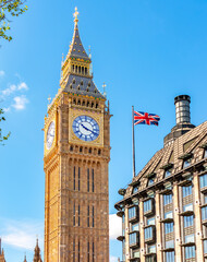 Big Ben tower and Portcullis house in London, UK