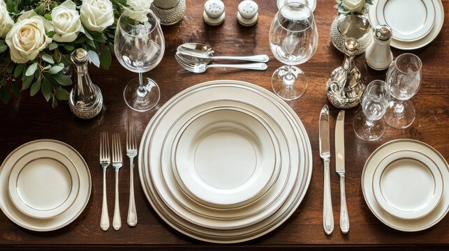 A formal dinner table setting with multiple utensils, plates, and glasses, arranged for a proper dining experience.