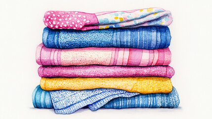 Stacked colorful towels in watercolor art style