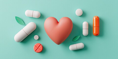 Medical healthcare 3D concept. Heart shape surrounded by various pills and capsules on a mint green background.