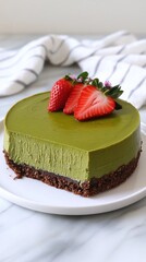 A delicious matcha cheesecake topped with fresh strawberries on a marble surface.