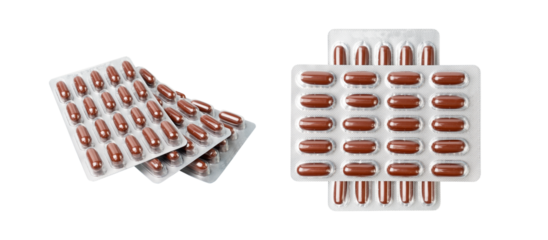 Cranberry Capsules, Garlic Extract Pills, Herbal Capsules Isolated, Analgesic Aluminum Blister, Painkiller Drugs, Sedative Pills Pack, Cranberry Medicine Powder Capsules on White Background